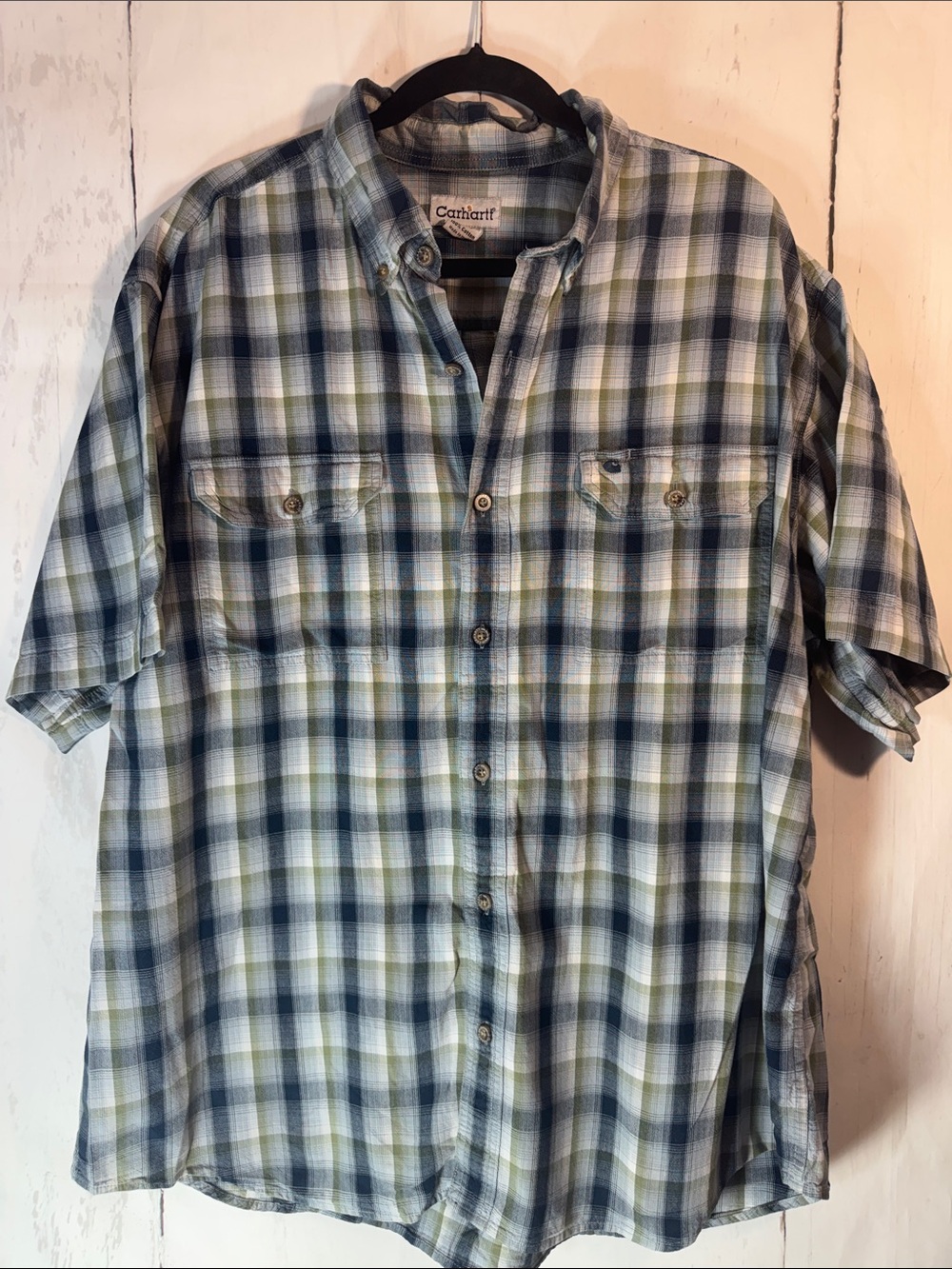 Carhartt Plaid Short Sleeve Button-Up in Blue and Green